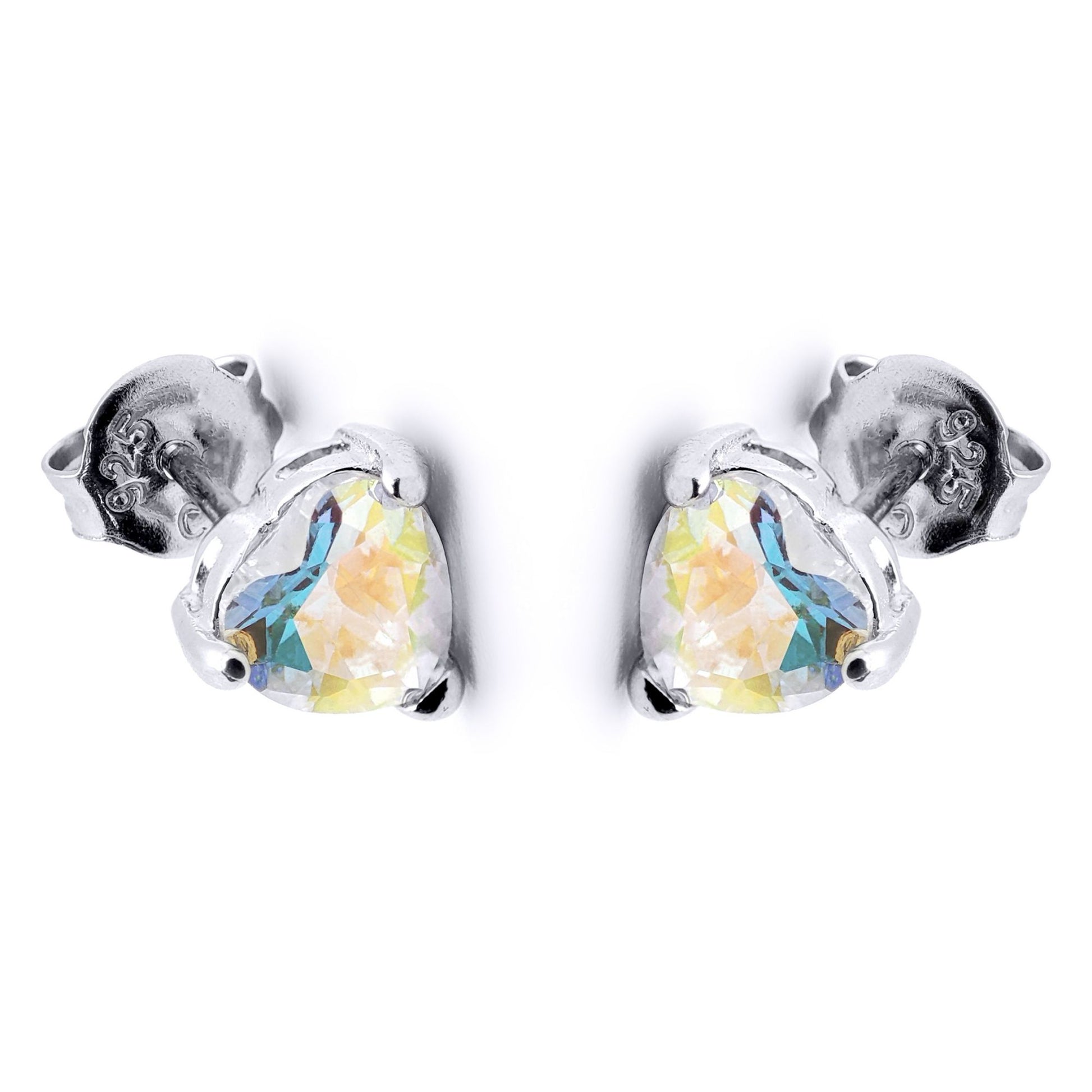 Silver  Aurora Borealis CZ Solitaire Love Stud Earrings 6mm - 8-57-9479