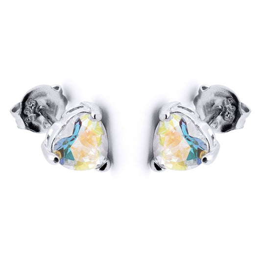 Silver  Aurora Borealis CZ Solitaire Love Stud Earrings 6mm - 8-57-9479