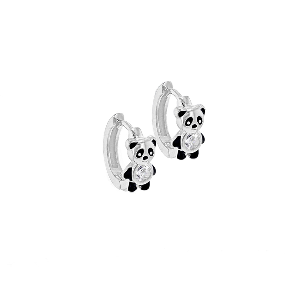Sterling Silver  CZ Black Enamel Panda Huggie Hoop Earrings 12mm - 8-58-0007