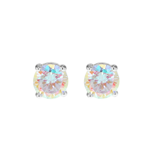 Silver  Aurora Borealis CZ Rainbow Solitaire Stud Earrings 8mm - 8-58-2619