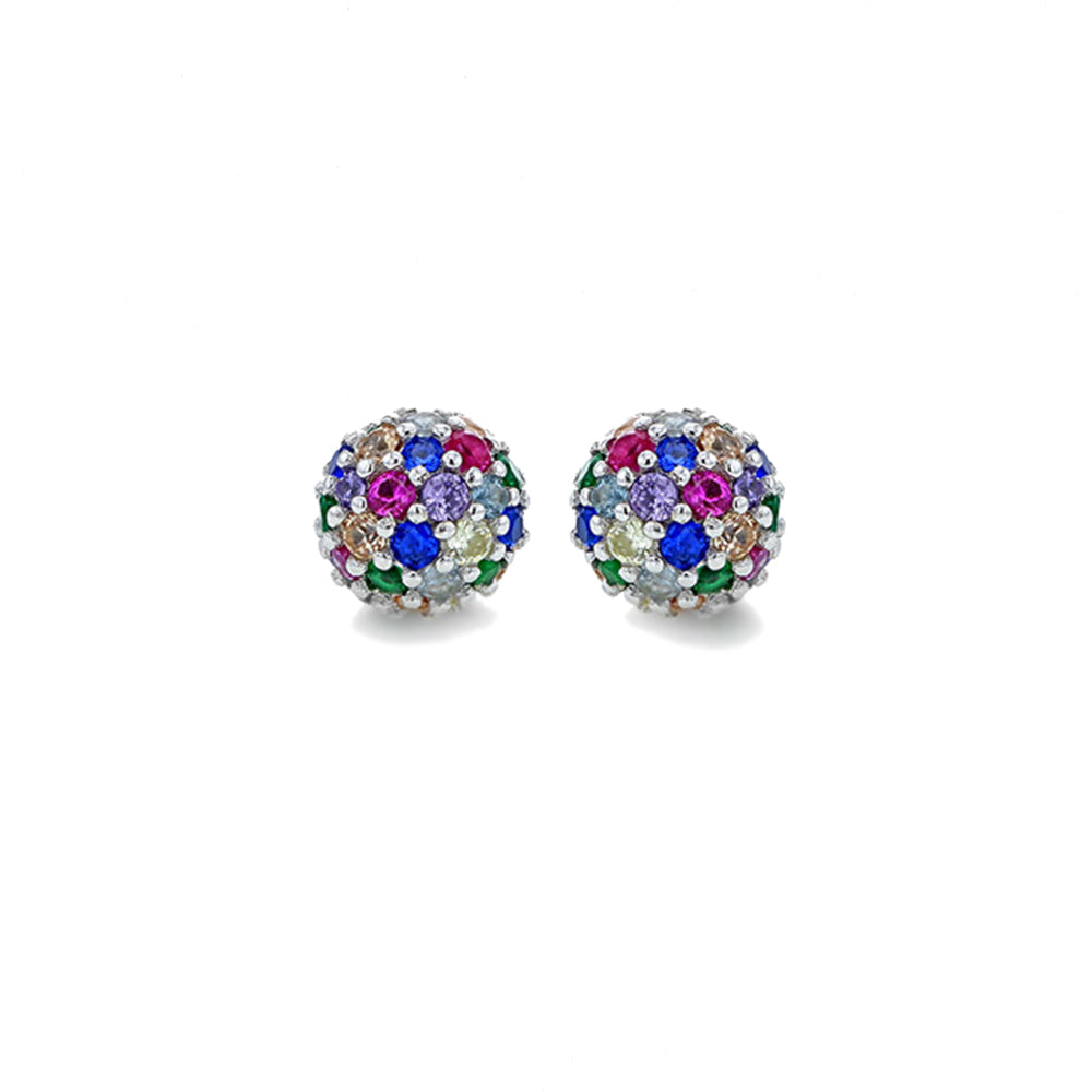 Sterling Silver  Rainbow CZ Pave Disco Ball Stud Earrings 8mm - 8-59-1409