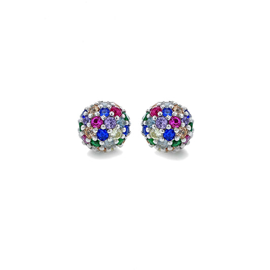 Sterling Silver  Rainbow CZ Pave Disco Ball Stud Earrings 8mm - 8-59-1409