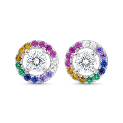 Sterling Silver  CZ Rainbow Halo Solitaire Stud Earrings 8mm - 8-59-1861