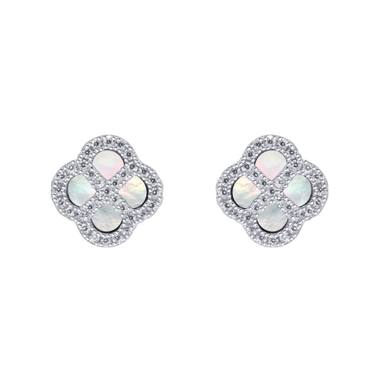 Silver CZ Mother of Pearl Clover Kiss Stud Earrings 11mm - 8-59-1914