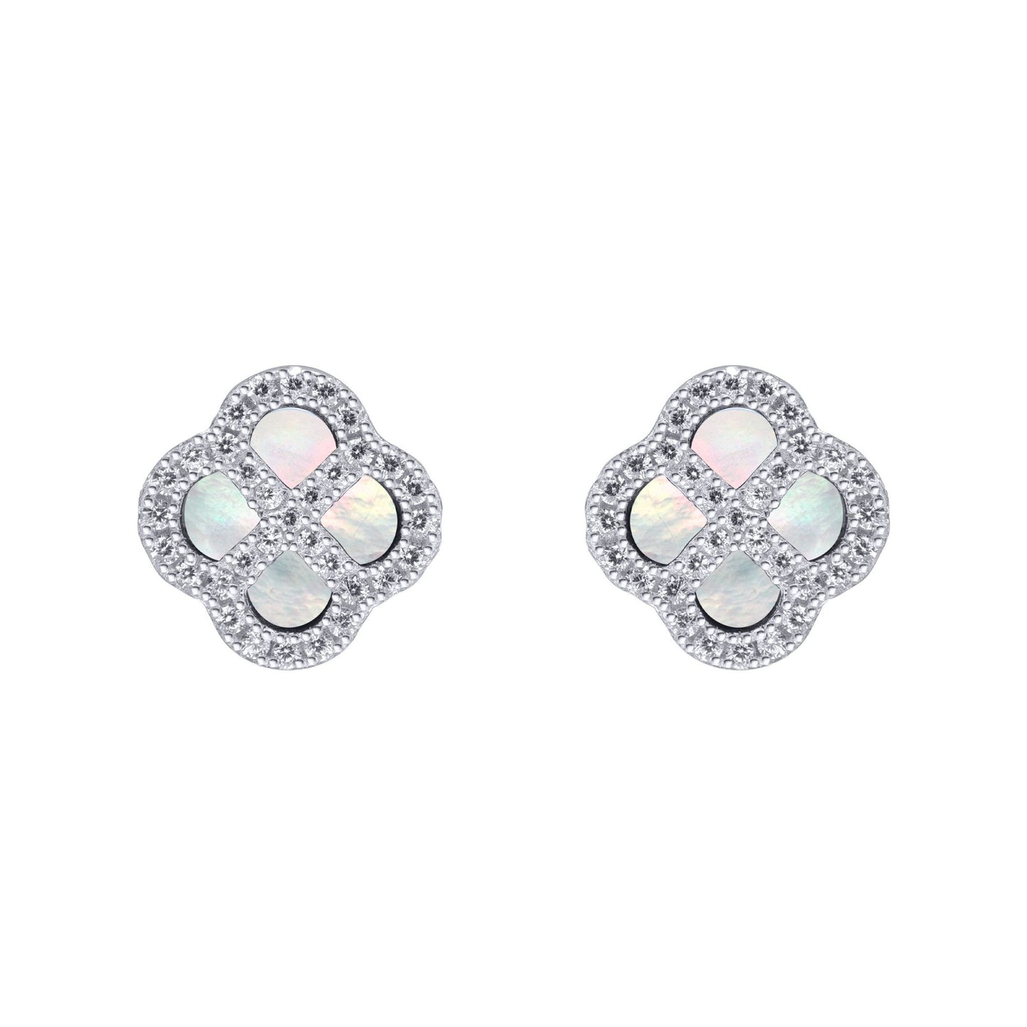 Silver  CZ Mother of Pearl Clover Kiss Stud Earrings 11mm - 8-59-1914