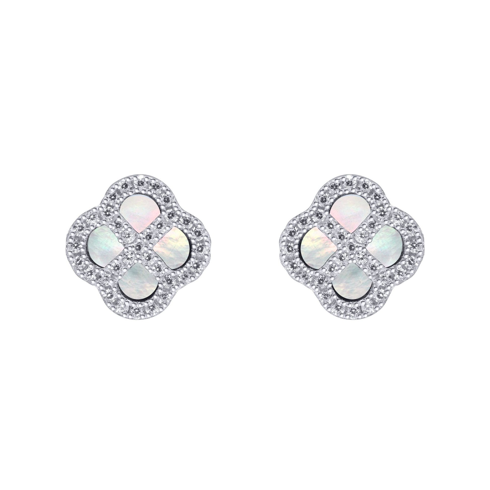 Silver  CZ Mother of Pearl Clover Kiss Stud Earrings 11mm - 8-59-1914