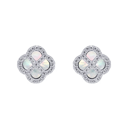 Silver  CZ Mother of Pearl Clover Kiss Stud Earrings 11mm - 8-59-1914