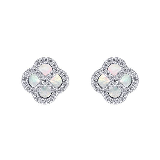Silver  CZ Mother of Pearl Clover Kiss Stud Earrings 11mm - 8-59-1914