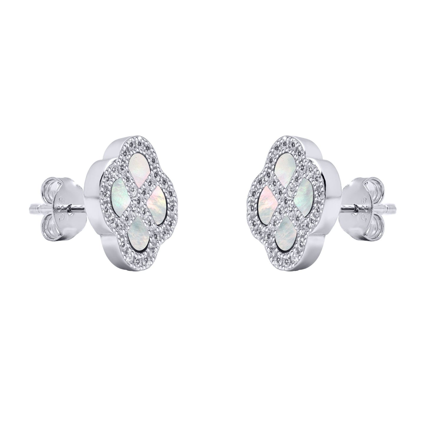 Silver  CZ Mother of Pearl Clover Kiss Stud Earrings 11mm - 8-59-1914