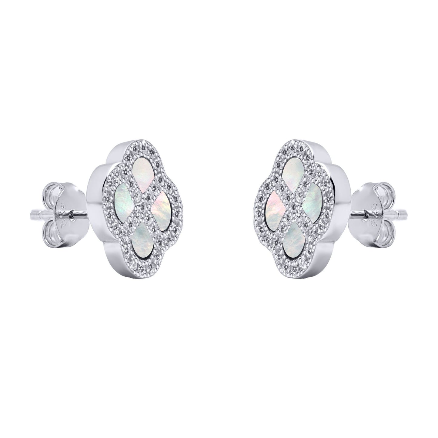 Silver  CZ Mother of Pearl Clover Kiss Stud Earrings 11mm - 8-59-1914