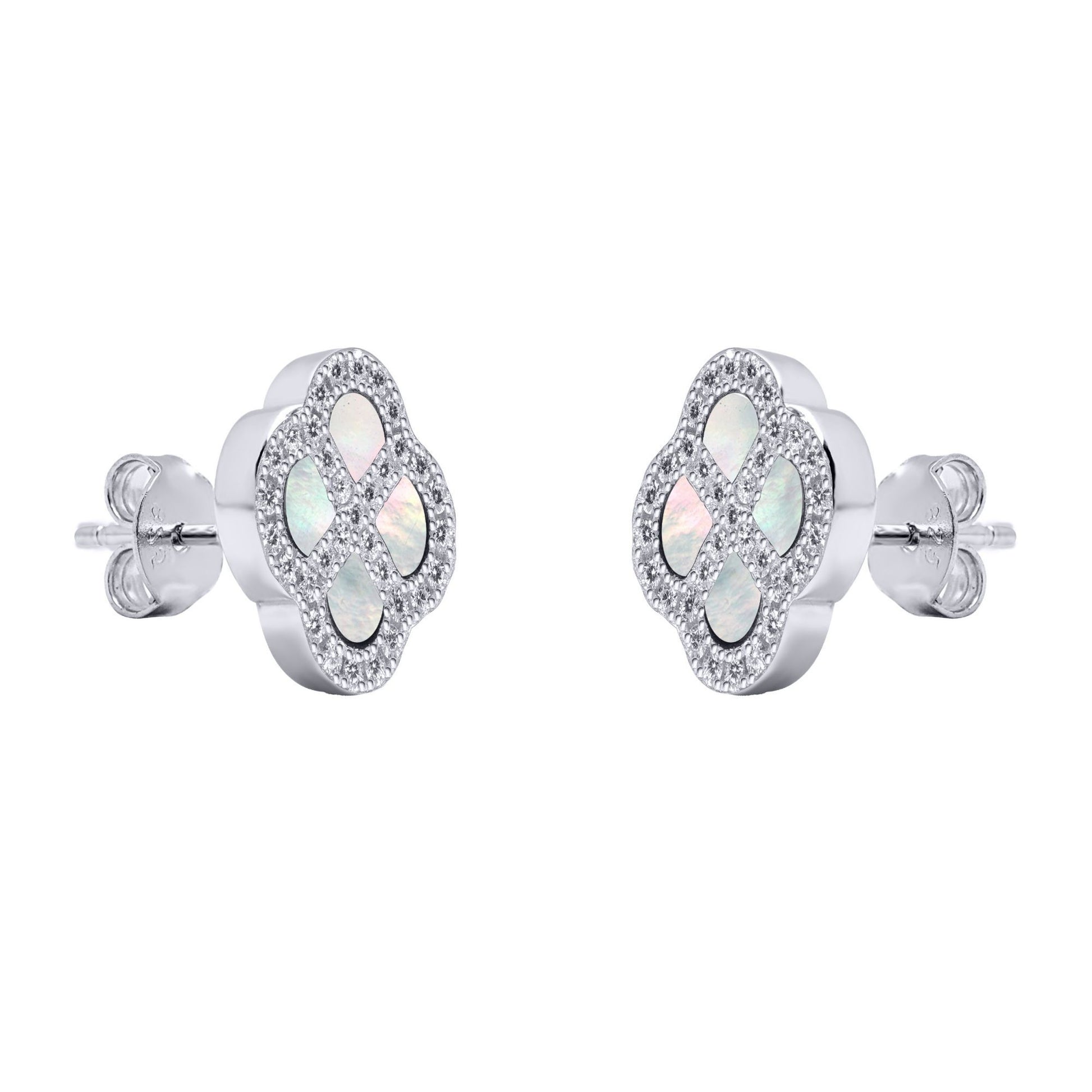 Silver  CZ Mother of Pearl Clover Kiss Stud Earrings 11mm - 8-59-1914