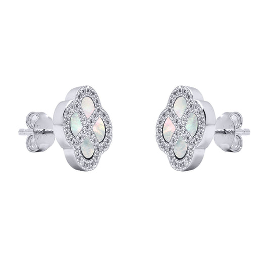 Silver  CZ Mother of Pearl Clover Kiss Stud Earrings 11mm - 8-59-1914