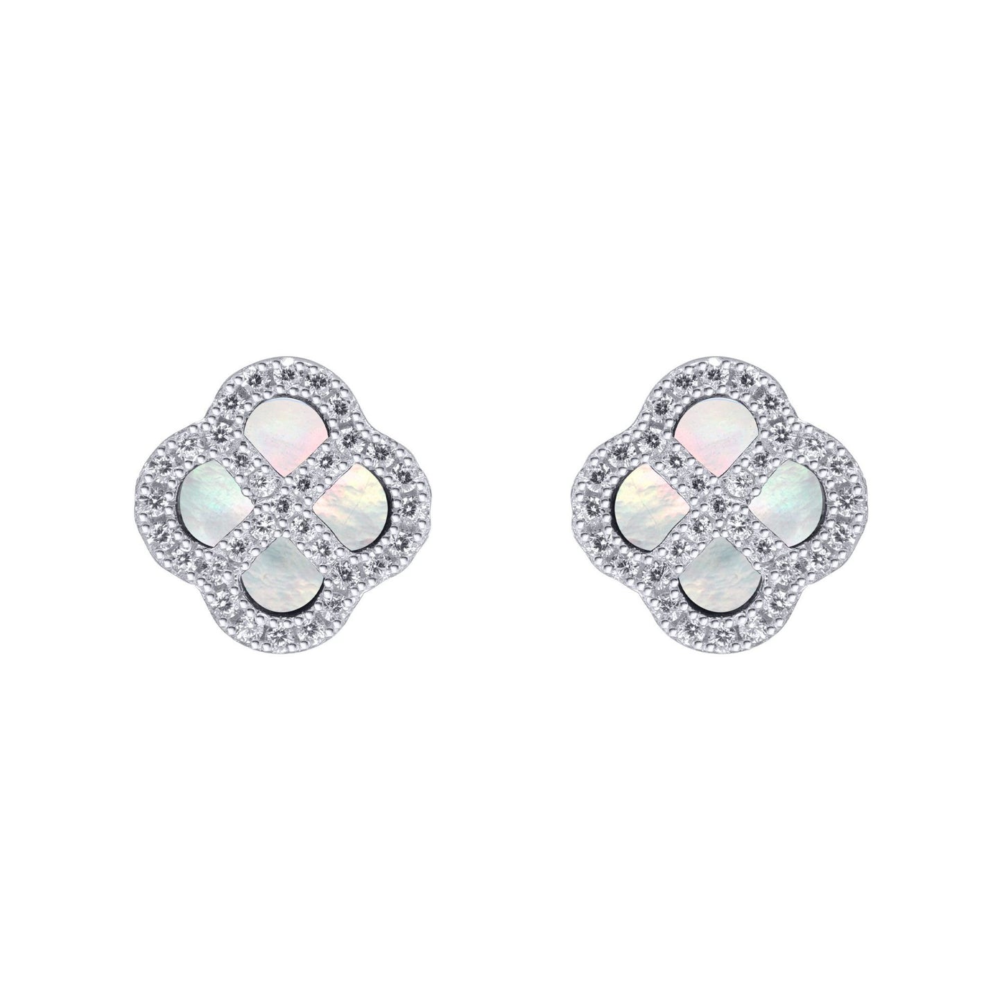 Silver  CZ Mother of Pearl Clover Kiss Stud Earrings 11mm - 8-59-1914