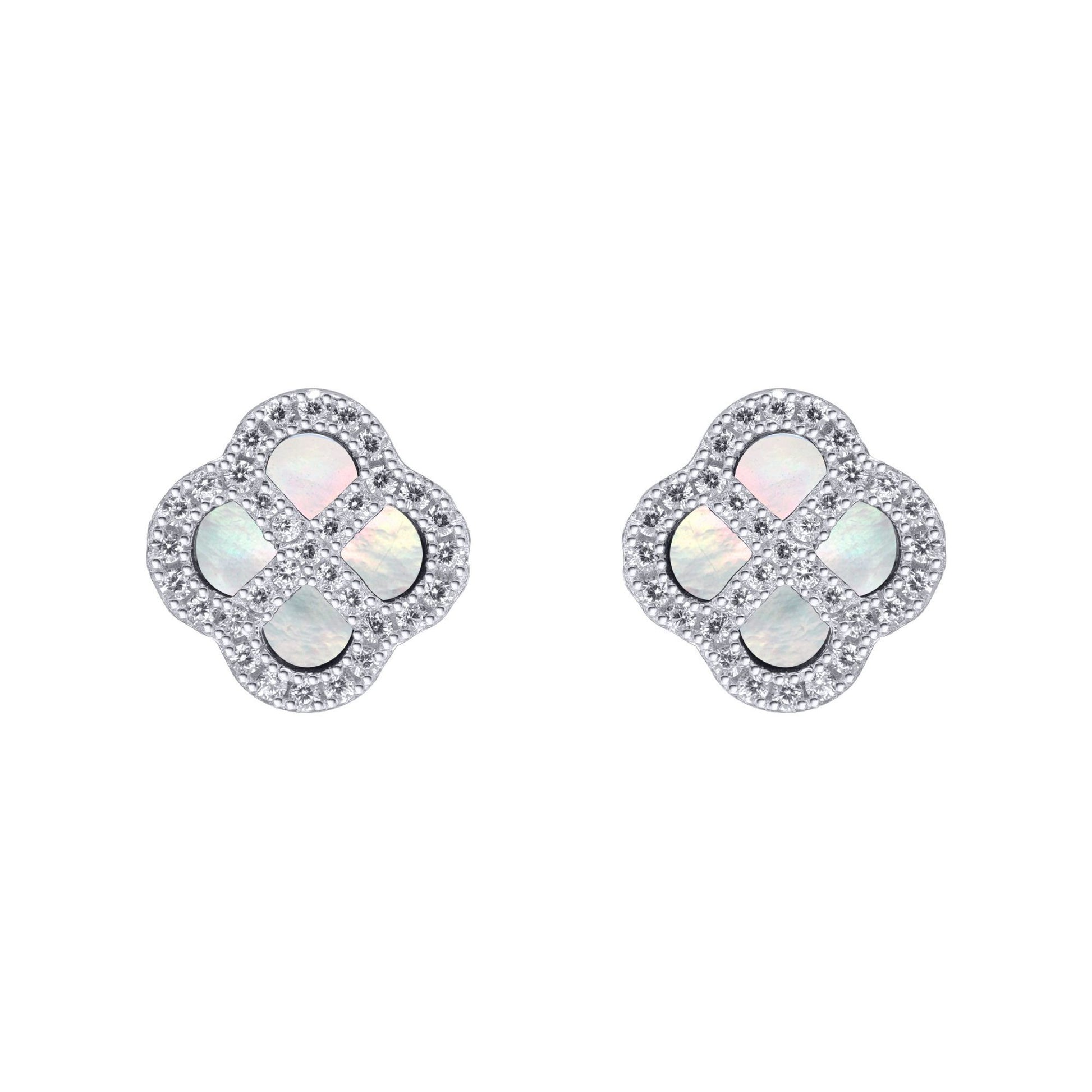Silver  CZ Mother of Pearl Clover Kiss Stud Earrings 11mm - 8-59-1914