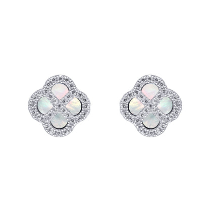 Silver  CZ Mother of Pearl Clover Kiss Stud Earrings 11mm - 8-59-1914