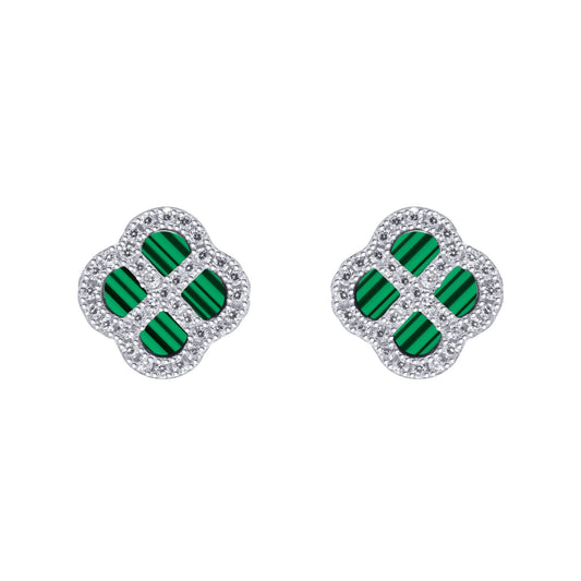 Silver CZ Malachite Clover Kiss Stud Earrings 11mm - 8-59-1915
