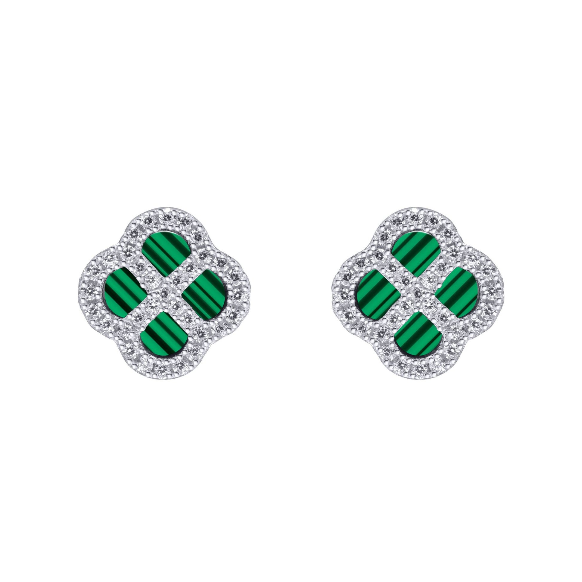 Silver  CZ Malachite Clover Kiss Stud Earrings 11mm - 8-59-1915