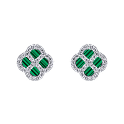 Silver  CZ Malachite Clover Kiss Stud Earrings 11mm - 8-59-1915