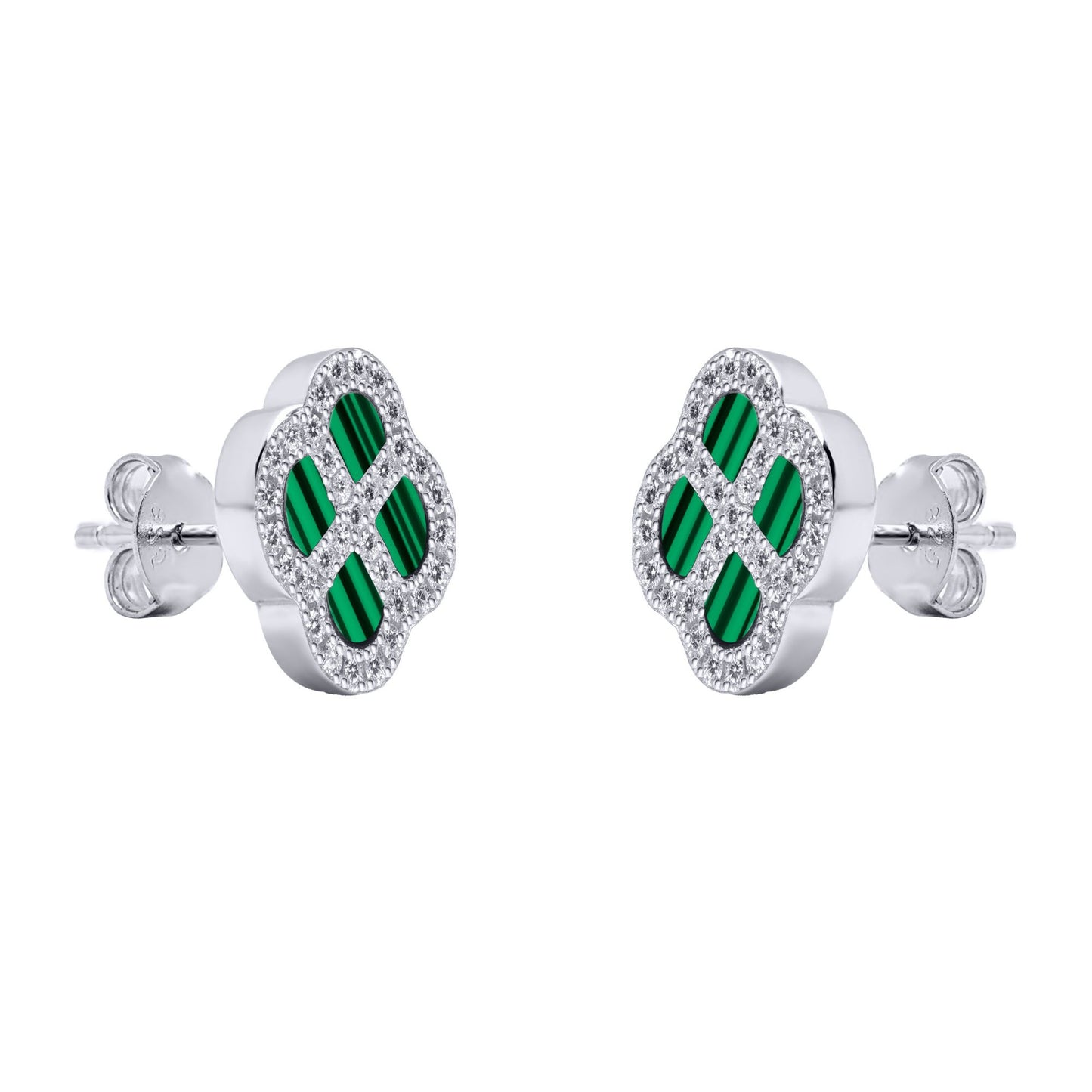 Silver  CZ Malachite Clover Kiss Stud Earrings 11mm - 8-59-1915