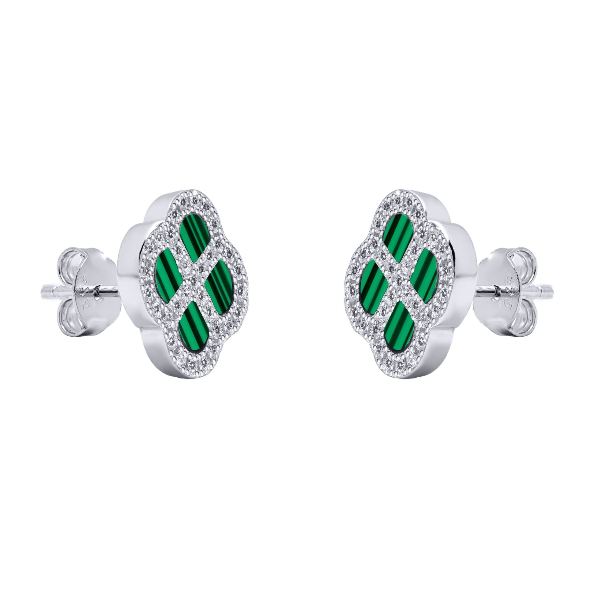 Silver  CZ Malachite Clover Kiss Stud Earrings 11mm - 8-59-1915
