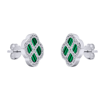 Silver  CZ Malachite Clover Kiss Stud Earrings 11mm - 8-59-1915