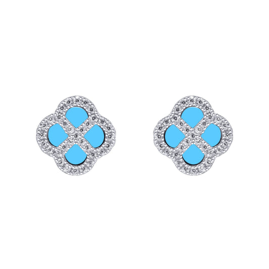 Silver  CZ Turquoise Clover Kiss Stud Earrings 11mm - 8-59-1916