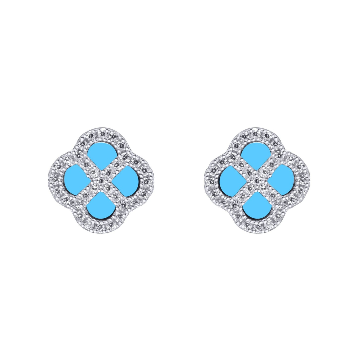 Silver  CZ Turquoise Clover Kiss Stud Earrings 11mm - 8-59-1916