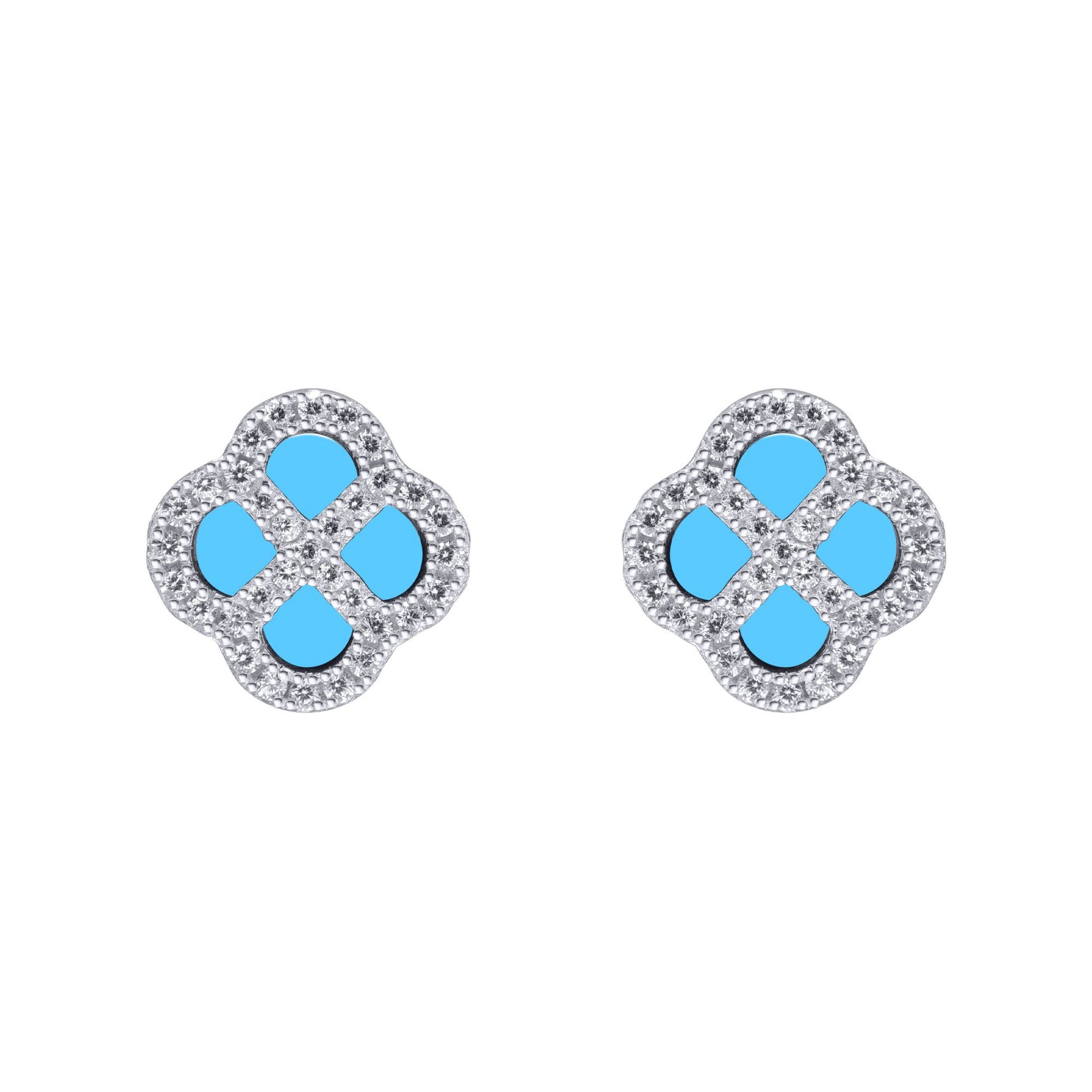 Silver  CZ Turquoise Clover Kiss Stud Earrings 11mm - 8-59-1916