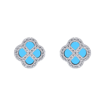 Silver  CZ Turquoise Clover Kiss Stud Earrings 11mm - 8-59-1916