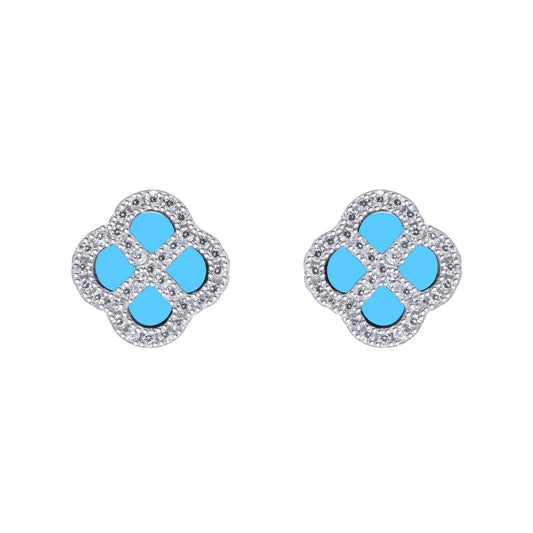 Silver  CZ Turquoise Clover Kiss Stud Earrings 11mm - 8-59-1916