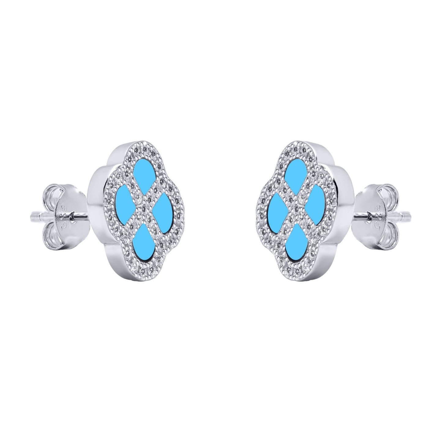 Silver  CZ Turquoise Clover Kiss Stud Earrings 11mm - 8-59-1916