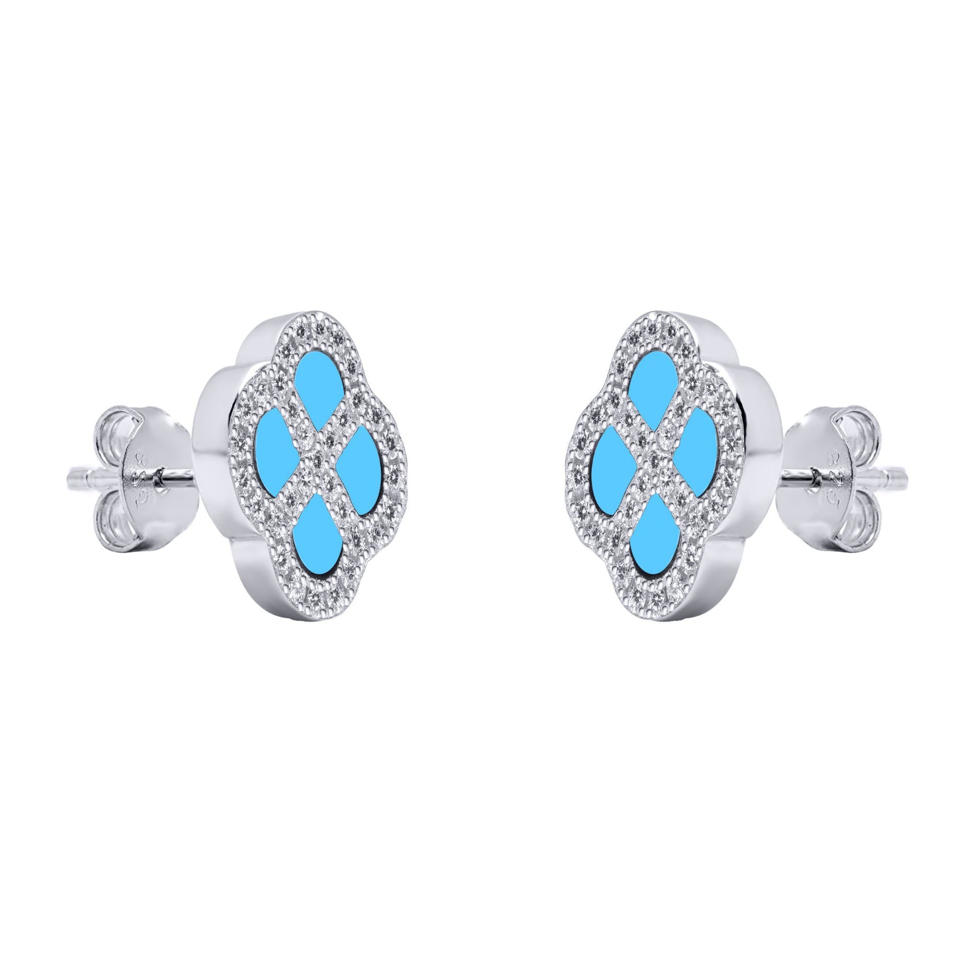 Silver  CZ Turquoise Clover Kiss Stud Earrings 11mm - 8-59-1916