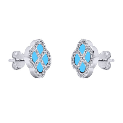 Silver  CZ Turquoise Clover Kiss Stud Earrings 11mm - 8-59-1916