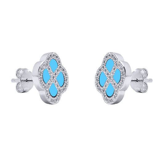 Silver  CZ Turquoise Clover Kiss Stud Earrings 11mm - 8-59-1916