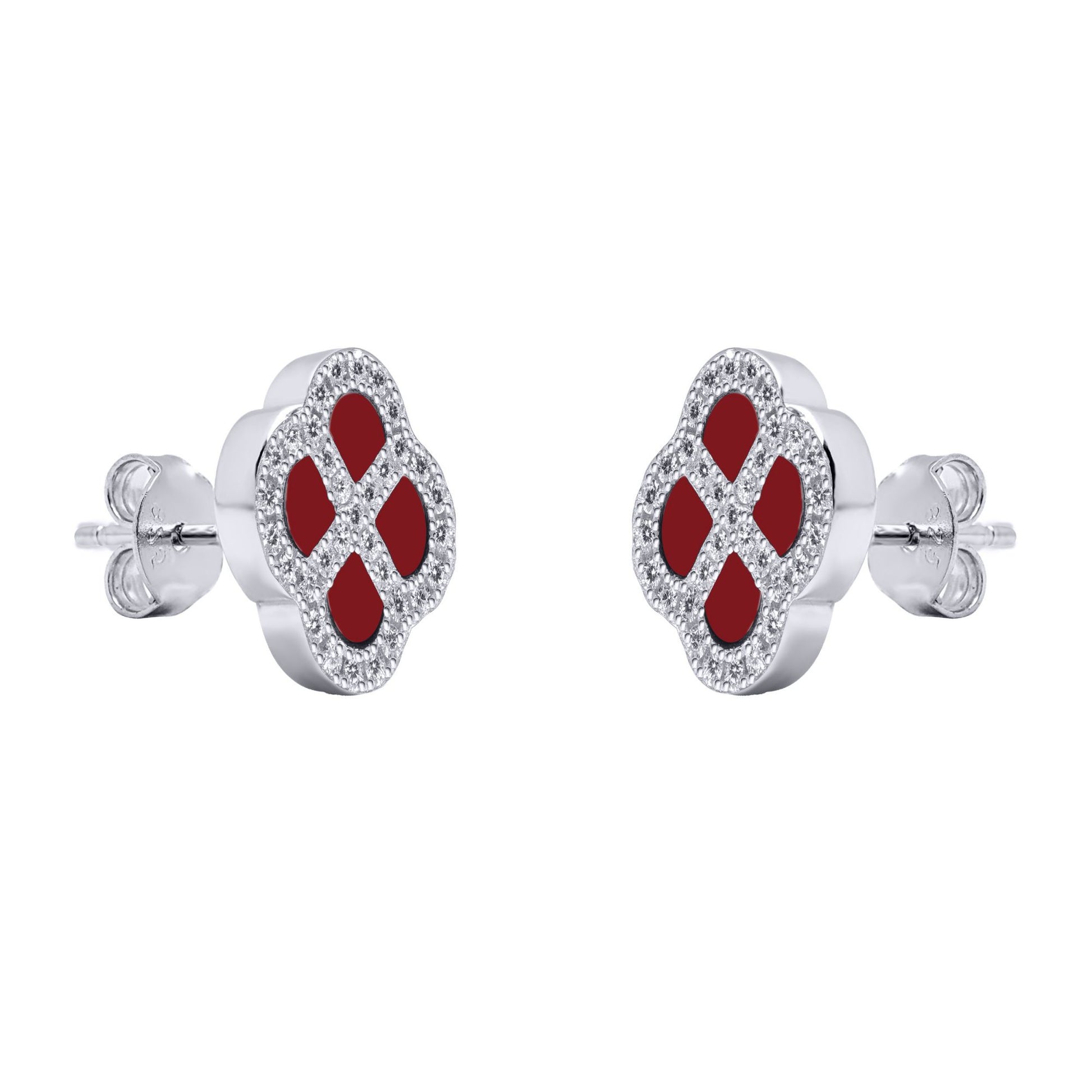 Silver  CZ Red Agate Clover Kiss Stud Earrings 11mm - 8-59-1917