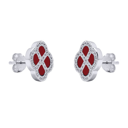 Silver  CZ Red Agate Clover Kiss Stud Earrings 11mm - 8-59-1917