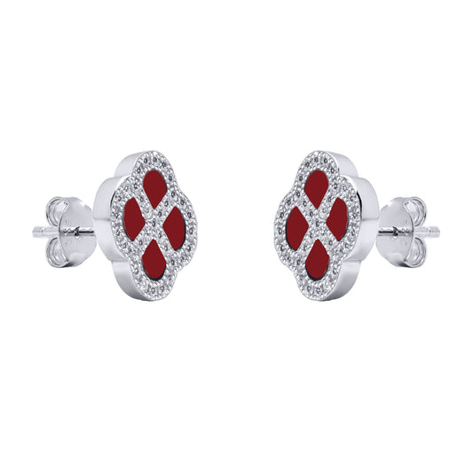 Silver  CZ Red Agate Clover Kiss Stud Earrings 11mm - 8-59-1917