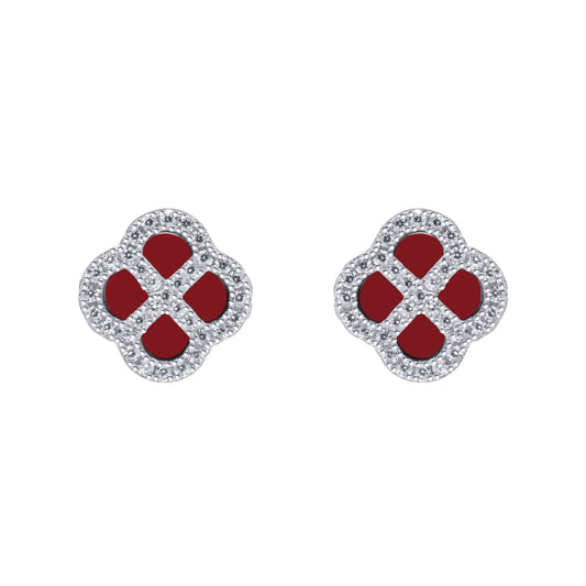 Silver CZ Red Agate Clover Kiss Stud Earrings 11mm - 8-59-1917