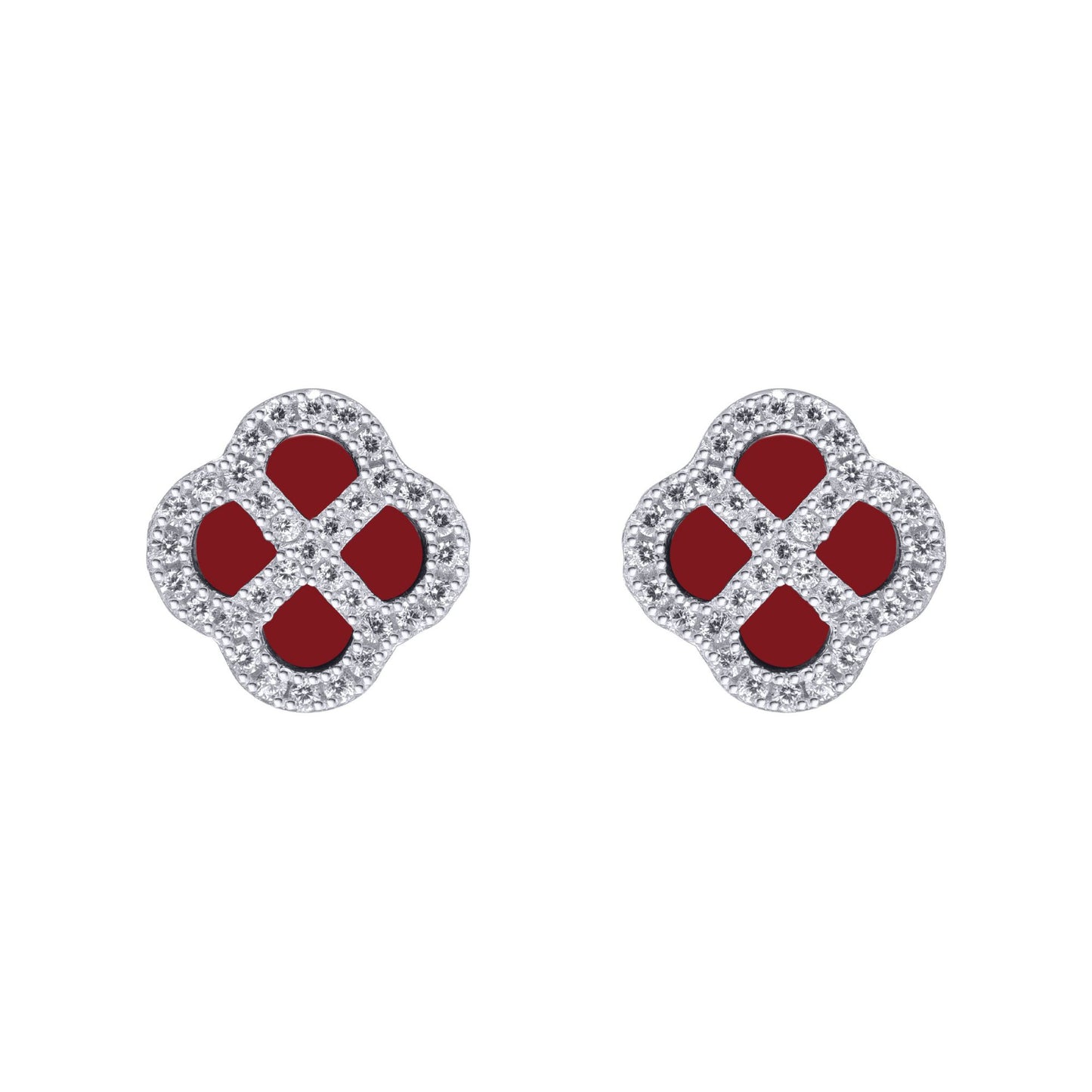 Silver  CZ Red Agate Clover Kiss Stud Earrings 11mm - 8-59-1917