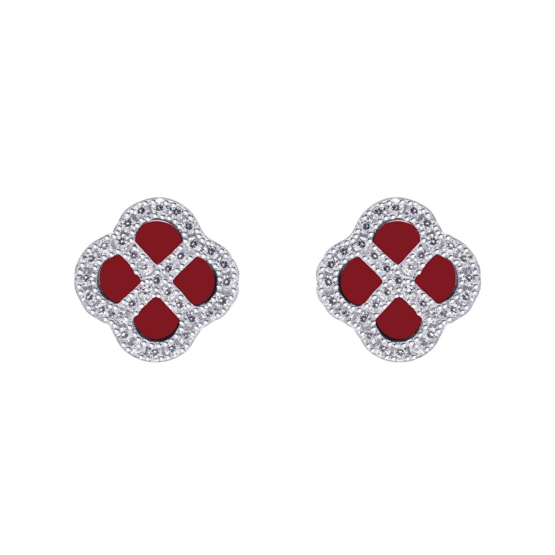 Silver  CZ Red Agate Clover Kiss Stud Earrings 11mm - 8-59-1917