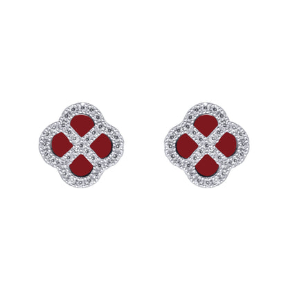Silver  CZ Red Agate Clover Kiss Stud Earrings 11mm - 8-59-1917