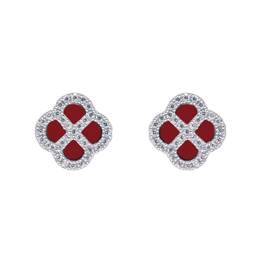 Silver  CZ Red Agate Clover Kiss Stud Earrings 11mm - 8-59-1917