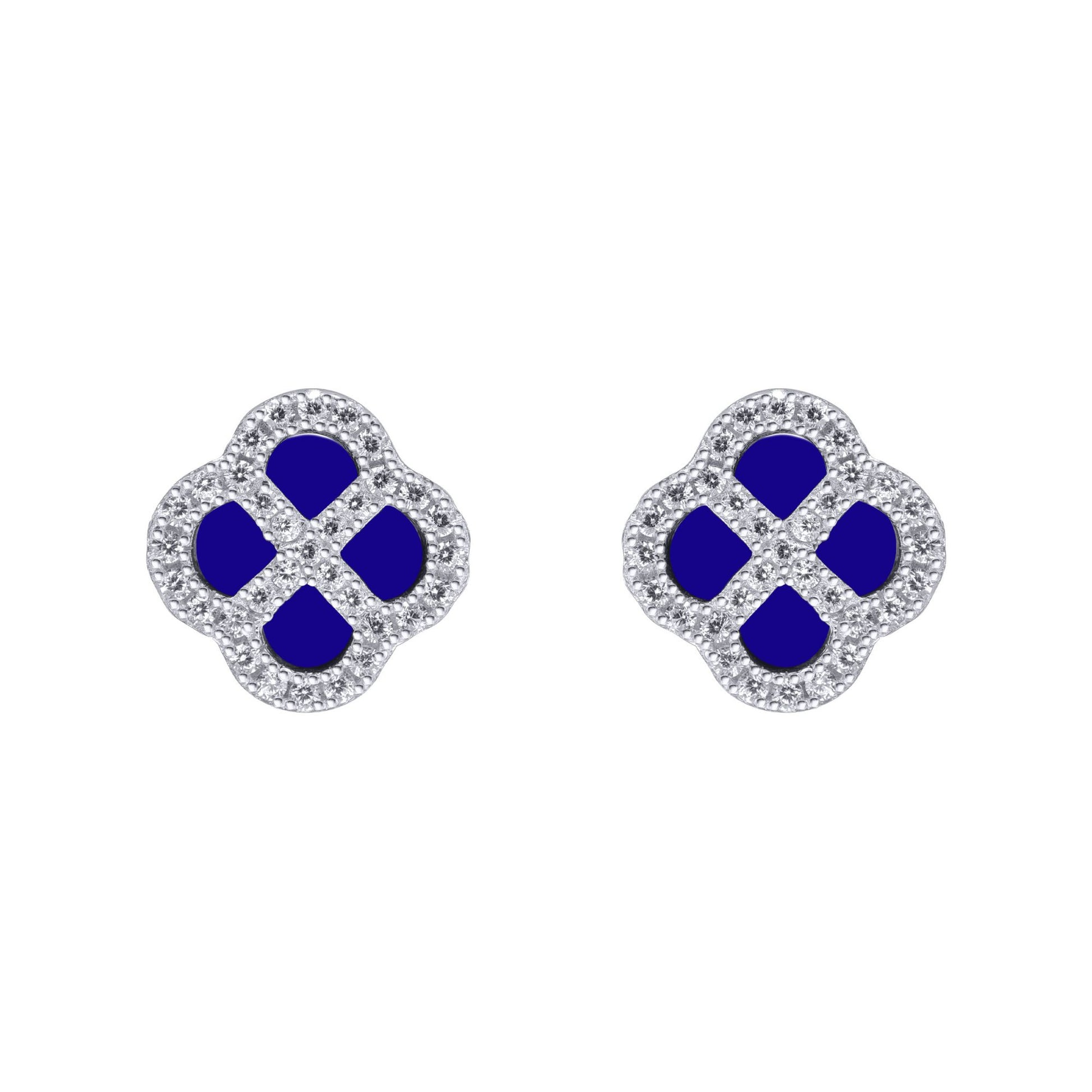 Silver  CZ Blue Lapis Lazuli Clover Kiss Stud Earrings 11mm - 8-59-1918