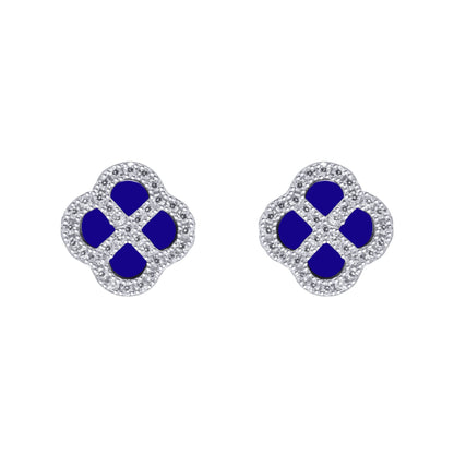Silver  CZ Blue Lapis Lazuli Clover Kiss Stud Earrings 11mm - 8-59-1918