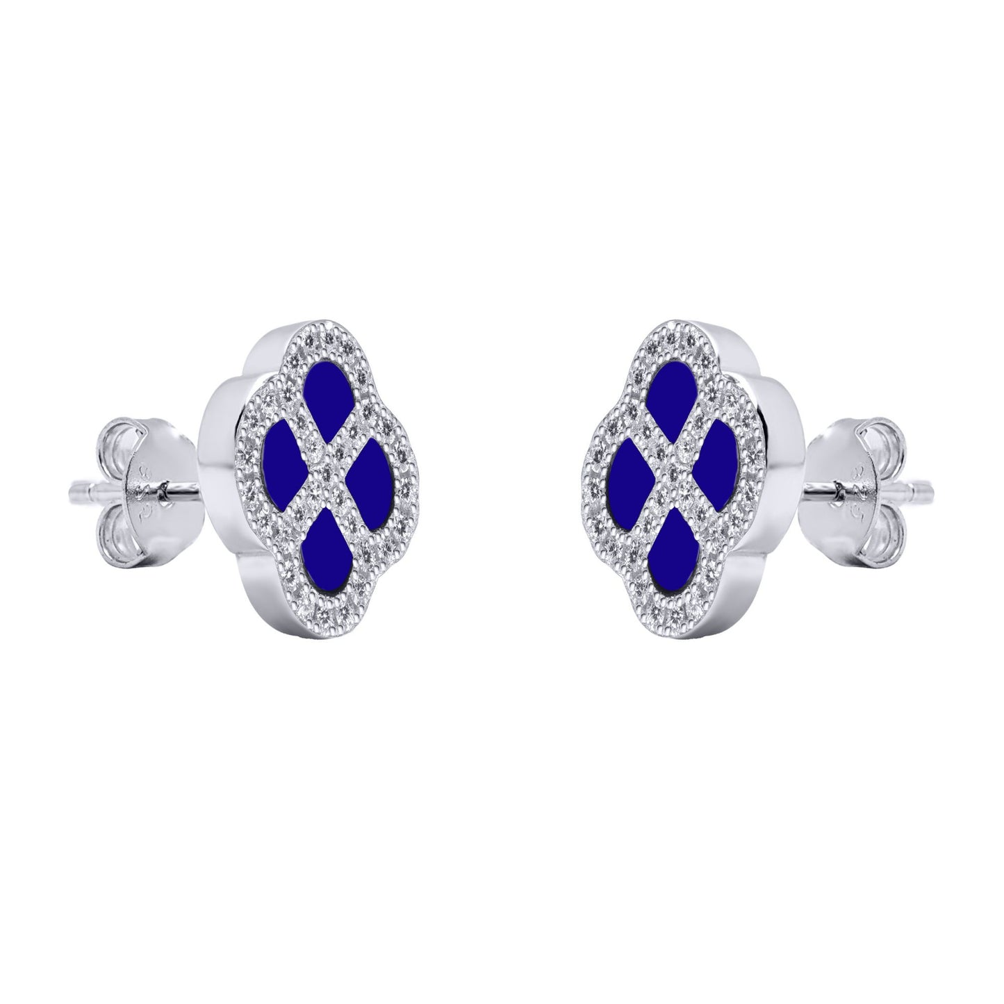 Silver  CZ Blue Lapis Lazuli Clover Kiss Stud Earrings 11mm - 8-59-1918