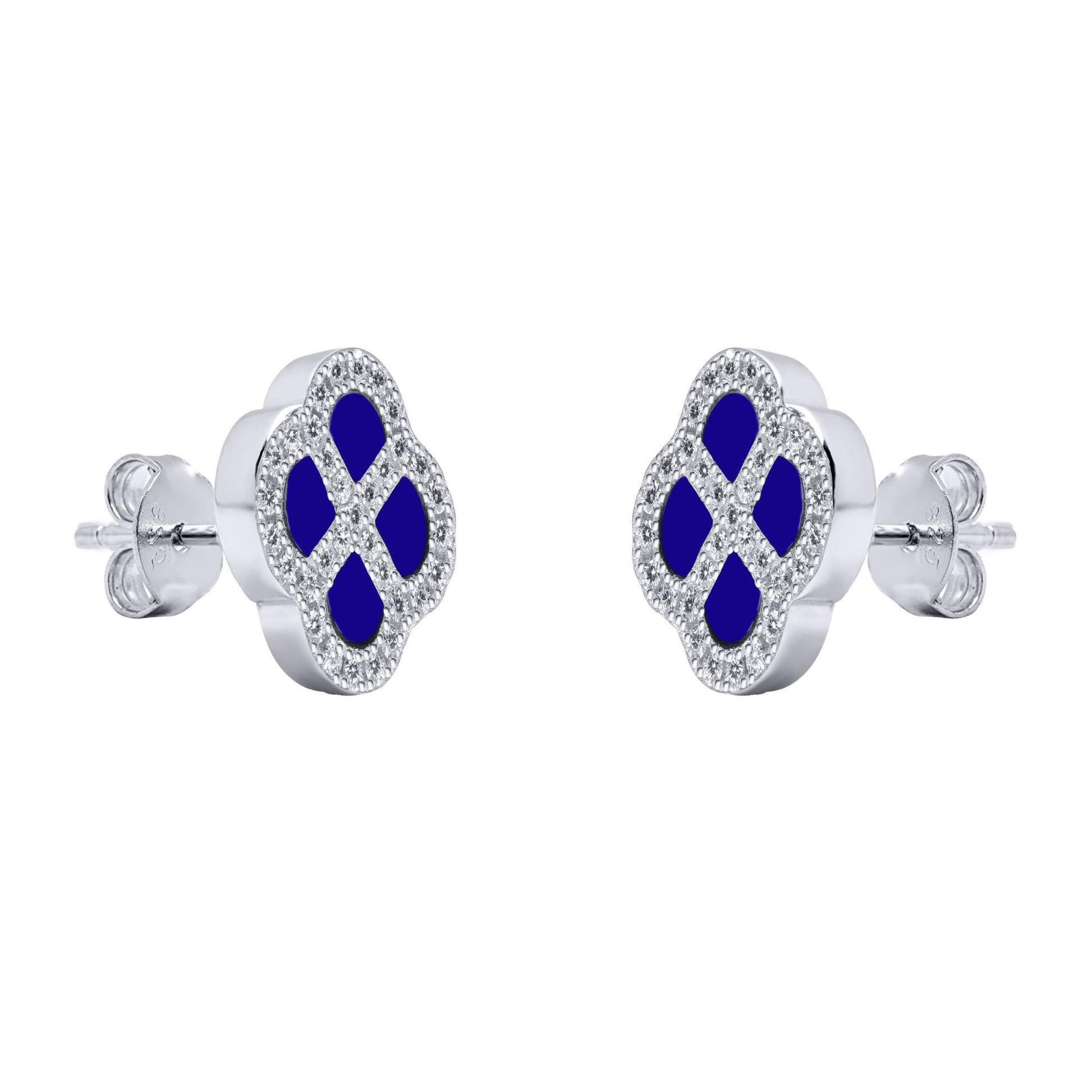 Silver  CZ Blue Lapis Lazuli Clover Kiss Stud Earrings 11mm - 8-59-1918