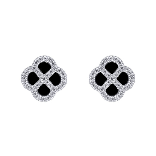 Silver CZ Onyx Clover Kiss Stud Earrings 11mm - 8-59-1919