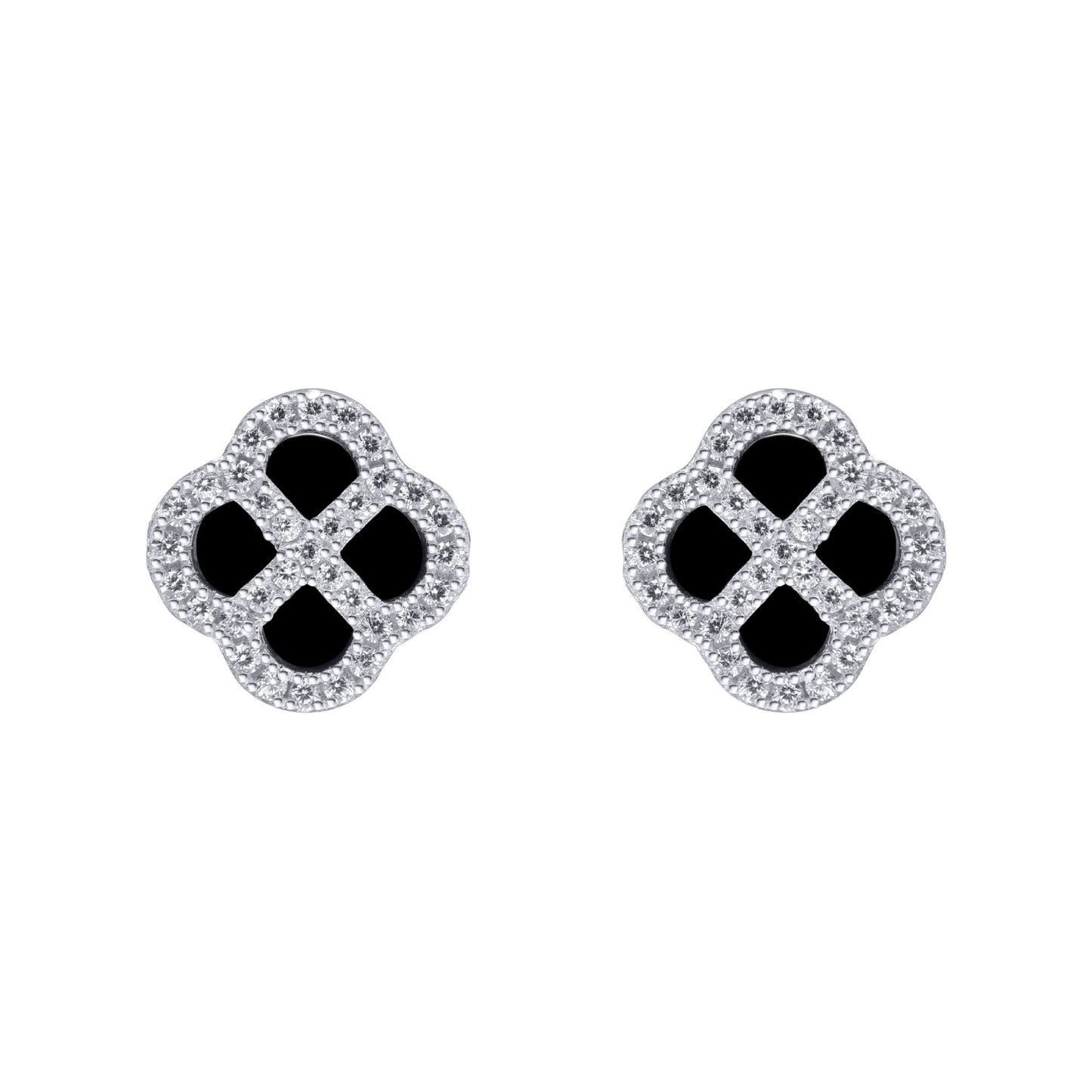 Silver  CZ Onyx Clover Kiss Stud Earrings 11mm - 8-59-1919