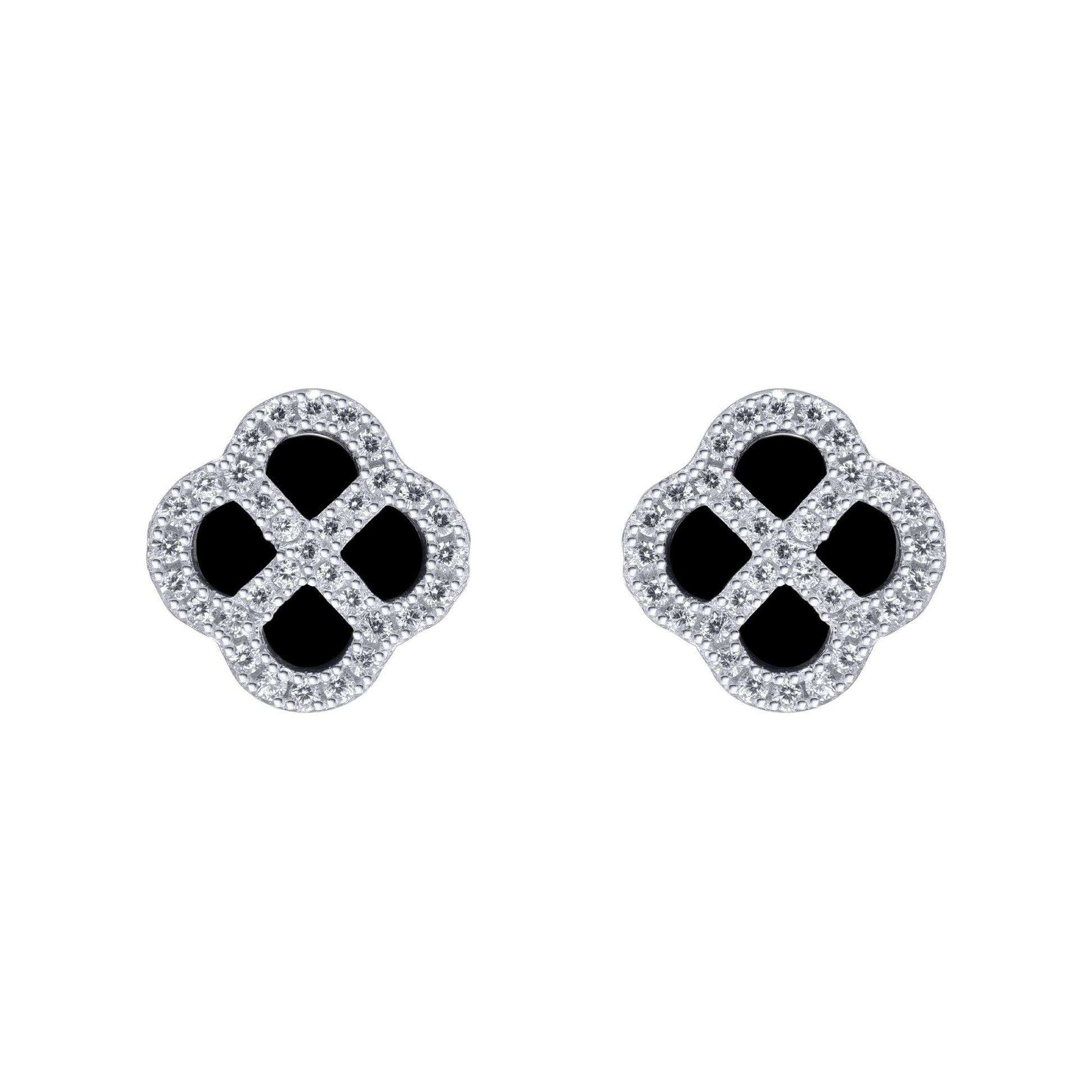 Silver  CZ Onyx Clover Kiss Stud Earrings 11mm - 8-59-1919