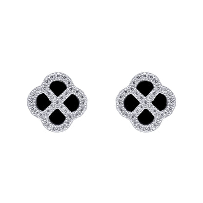 Silver  CZ Onyx Clover Kiss Stud Earrings 11mm - 8-59-1919